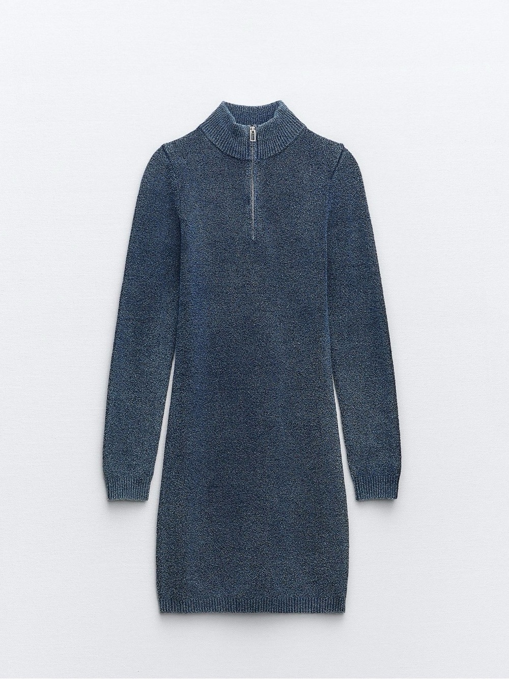 ZARA NWT Blue Acid Wash Knit Mini Dress Mockneck Half-Zip Knit Dress Brand New